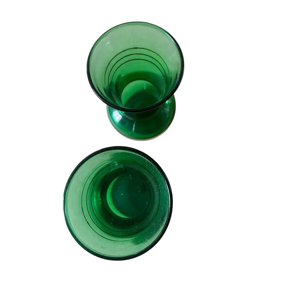 Art Deco Emerald Green Gold Striped 3.75" Glass Bud Vases Czech Glass Set Of 2 - Picture 3 of 7